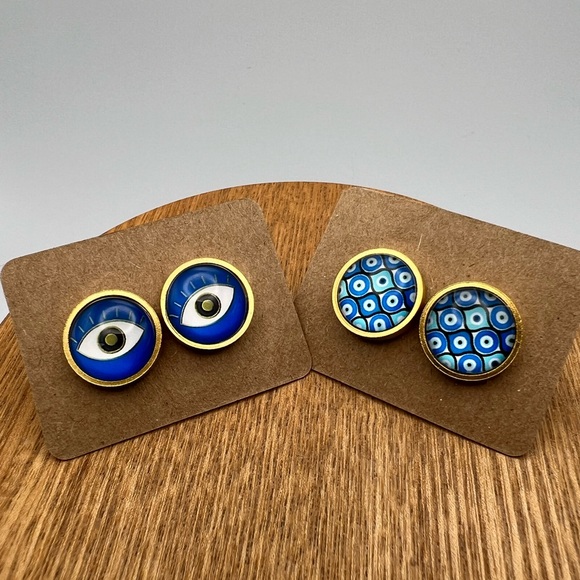Gold Evil Eye Stud Earrings - Trendy Boho Chic Small Earrings - Stylish Studs - Picture 5 of 14